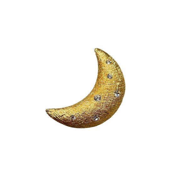 Vintage Christian Dior Moon Brooch Textured Gold Tone Crystals Crescent Moon - Picture 1 of 7
